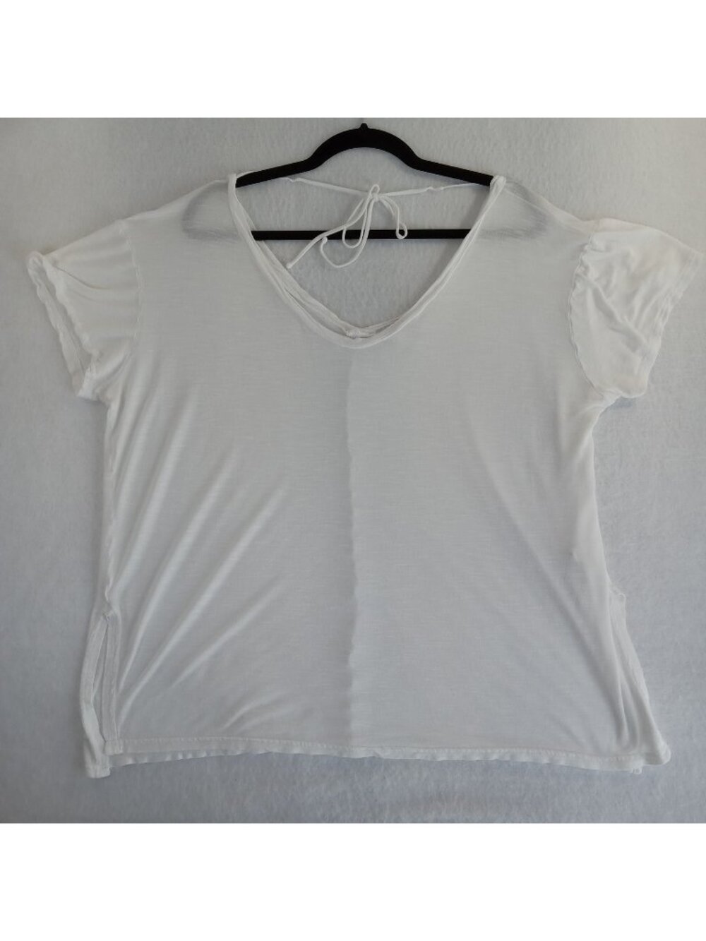 VENUS Women's White V-Neck Tie Back Boxy T-Shirt Top Rayon Sheer LARGE